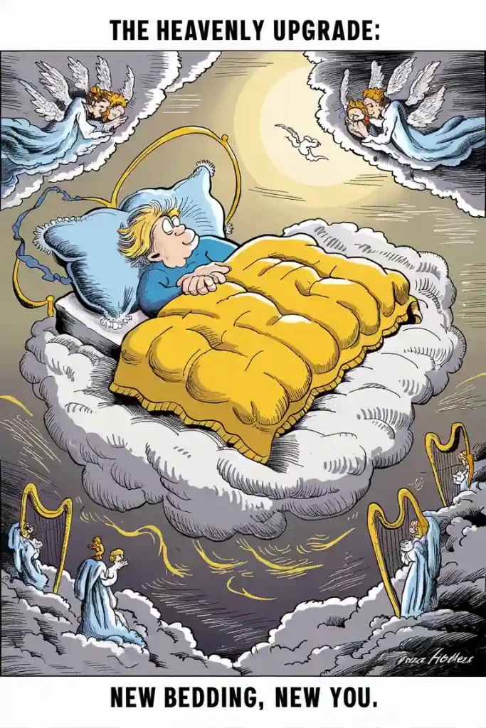 Cartoon person sleeping on a cloud with a yellow blanket, surrounded by angels and harps. Text: "The Heavenly Upgrade - The Pre-Construction Planning of Your Dreams.