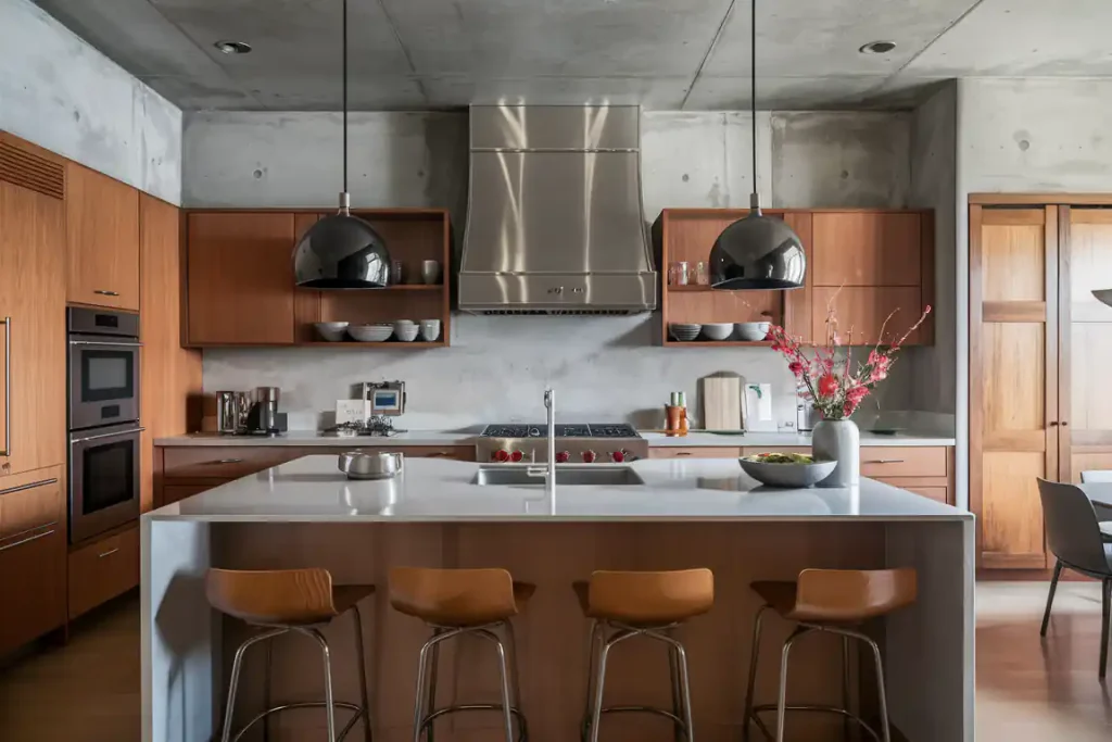 Modern kitchen with wooden cabinets, stainless steel appliances, and a large island with four barstools. As part of the pre-construction planning, two pendant lights hang above the island, and a vase with flowers decorates the counter.