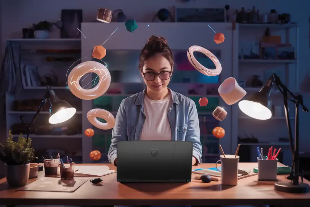A person sits at a desk with a laptop, surrounded by floating 3D shapes. The workspace is dimly lit by two desk lamps, illustrating the meticulous nature of the Pre-Construction Planning process.