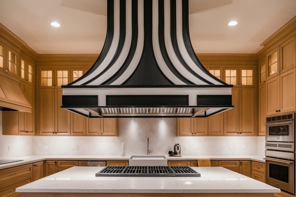 Modern kitchen with wooden cabinetry, a large ornate black and white range hood, marble countertops, a built-in stove, oven, and microwave. Warm lighting illuminates the space.