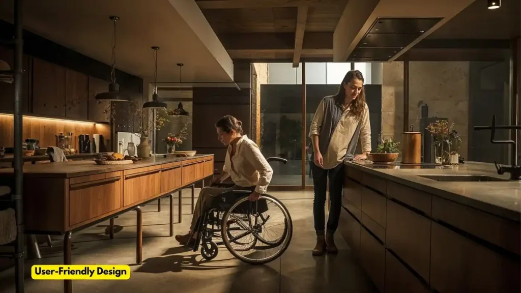 Two women in a modern kitchen, one seated in a wheelchair and the other standing. The space features wooden cabinetry, natural lighting, and accessible design elements thoughtfully integrated.