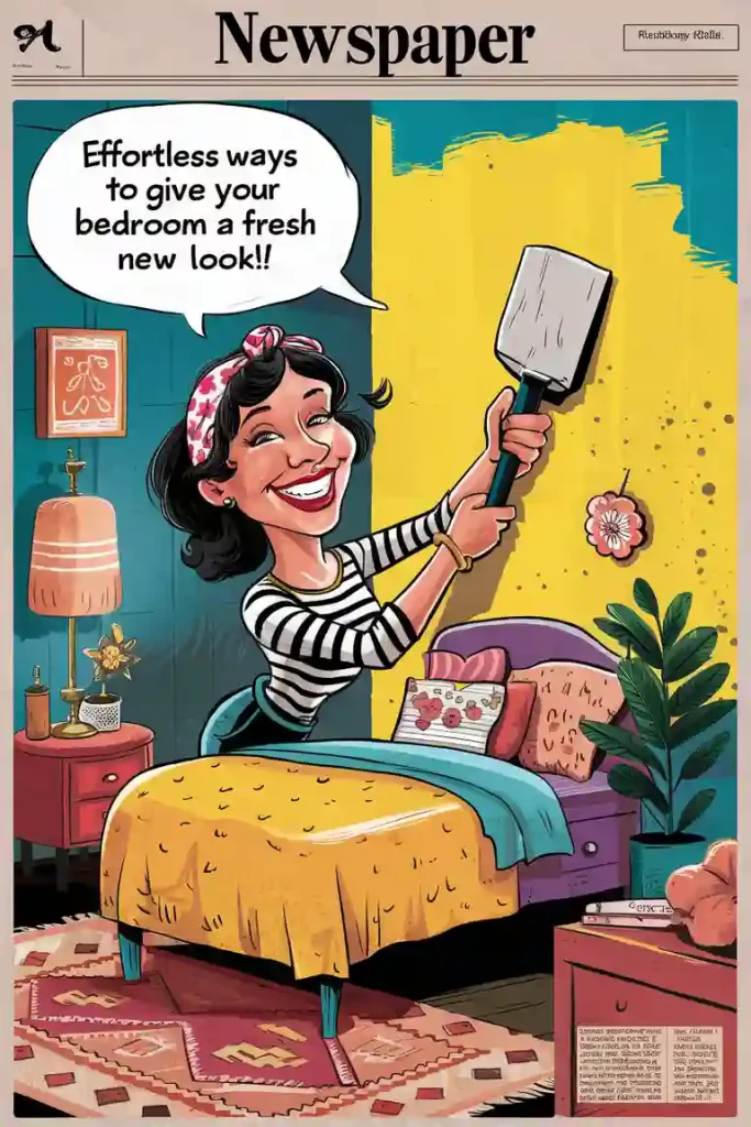 Illustration of a cheerful woman painting her bedroom wall yellow!