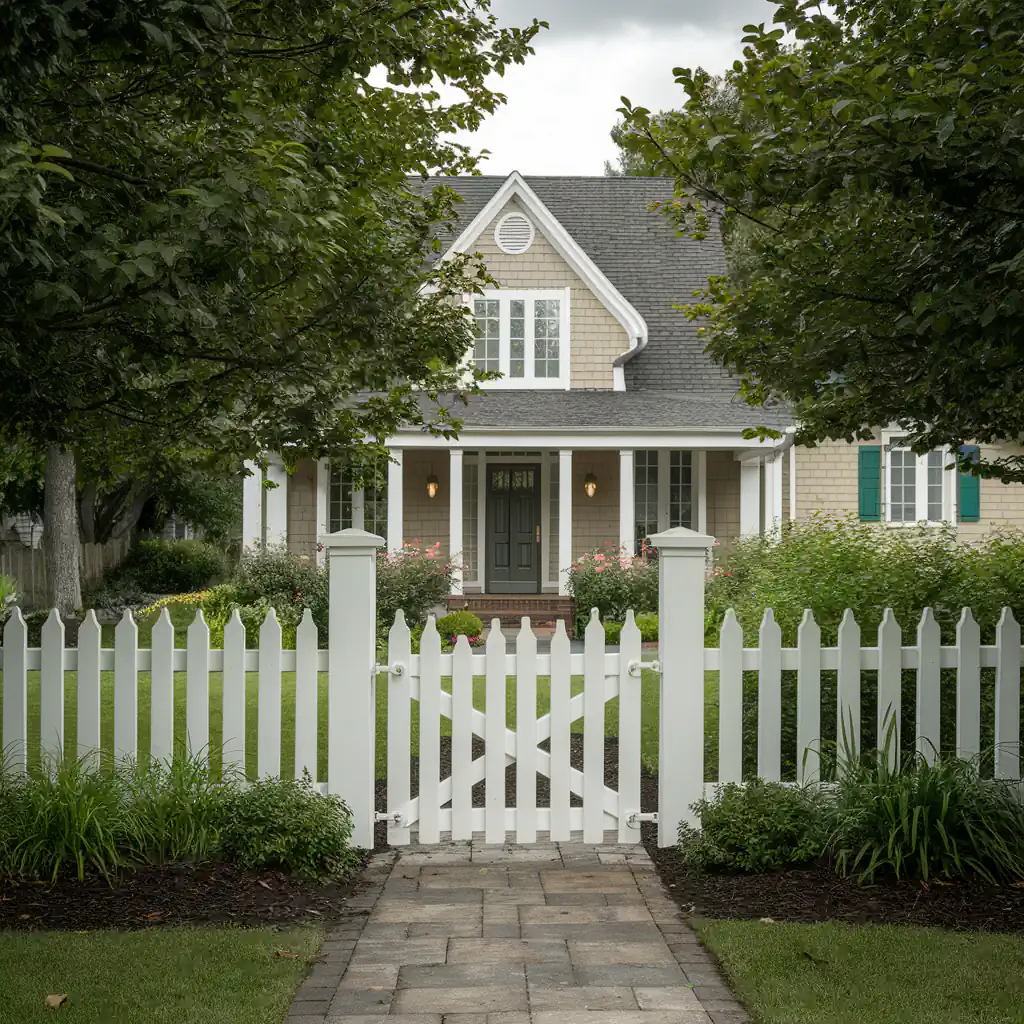A charming house with a white picket fence, lush greenery, and a stone pathway leading to the front door, complemented by a cozy patio perfect for summer renos.