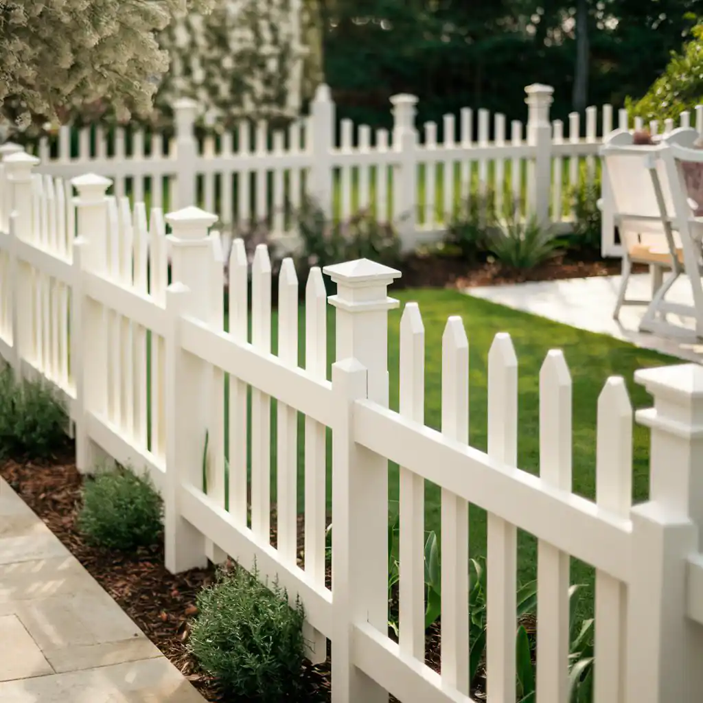 A white picket fence surrounds a lush garden with blooming flowers and a cozy patio seating area, perfect for summer renos.