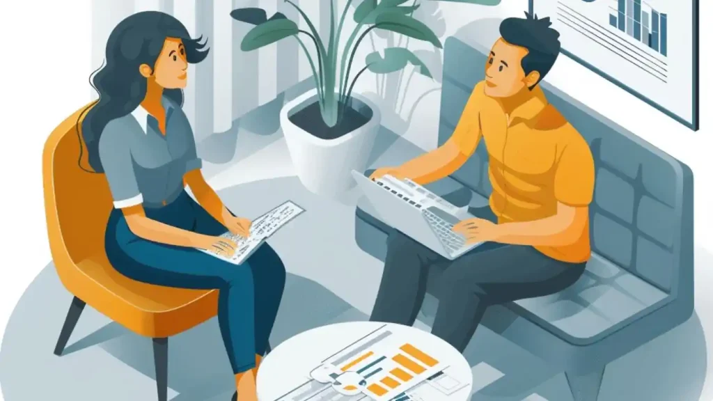 Two people are sitting on chairs with laptops, engaged in a conversation about the pre-construction planning process. A potted plant and charts on the wall are in the background. Papers with graphs and charts related to their discussion are laid out on a table in front of them.