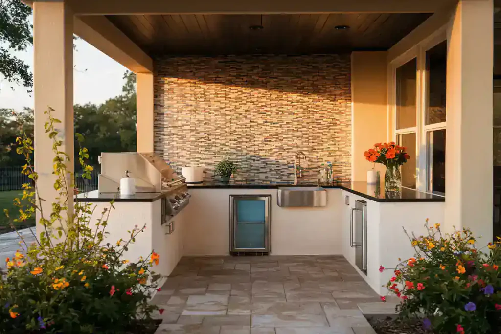 Outdoor kitchen with a built-in grill, sink, and refrigerator, surrounded by colorful flowers and stone flooring—the perfect upgrade if you’re looking to sell your home as FSBO.