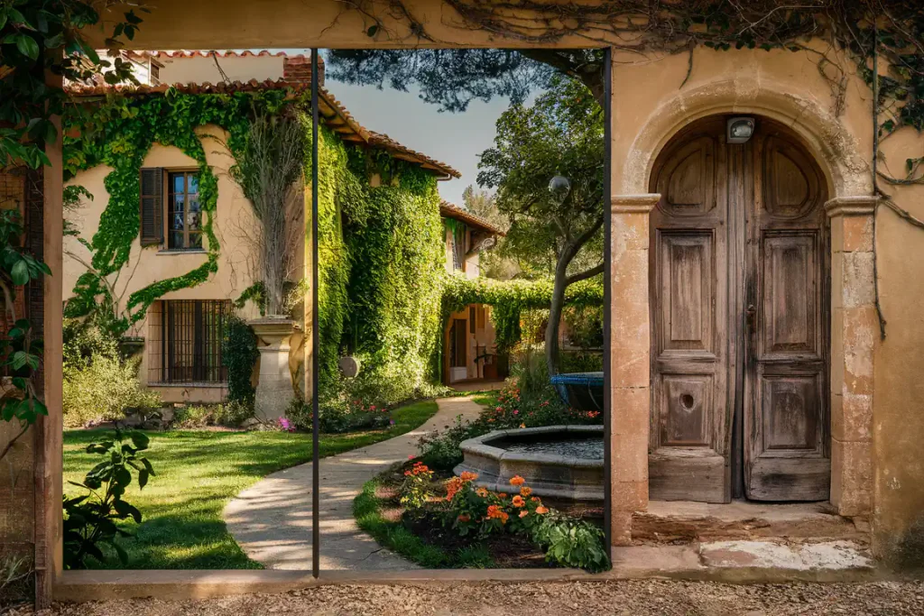 A sunlit garden with a winding path, flowers, fountain, ivy-covered walls, reflective glass, and a wooden door.