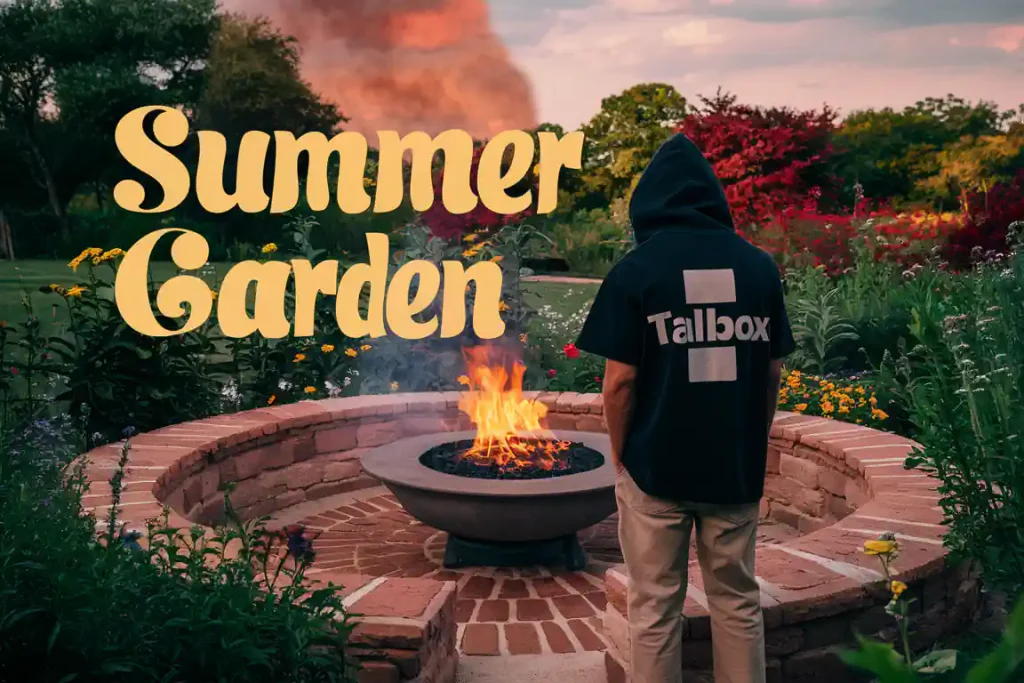 A TALLBOX designer in a hoodie stands near a fire pit in a lush garden with "Summer Garden", contemplating how to design a garden