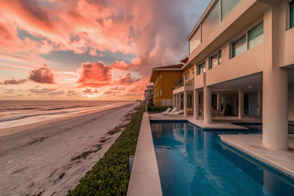 Beachside modern house with a pool, row of houses, and stunning sunset with vibrant clouds.