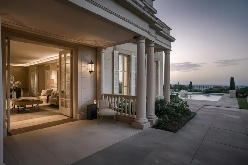 Elegant patio view of a luxurious home with pillars, cozy seating, and a pool overlooking a serene landscape at dusk, all meticulously designed