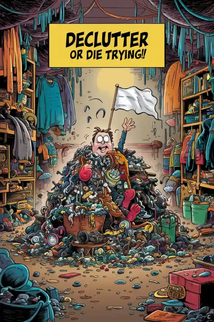 A person is overwhelmed by clutter in a room full of items, holding a white flag.