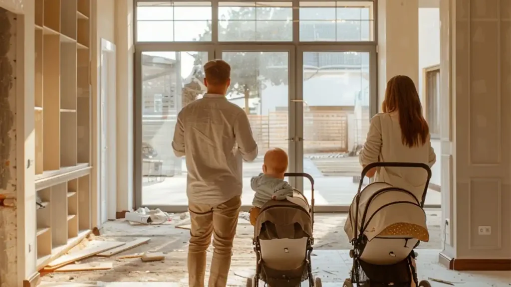 A family of three with a child in a stroller and another stroller beside them stand in a partially renovated room with large windows, anticipating the transformation as part of renovating their larger house.