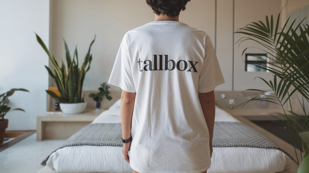 A person wearing a "tallbox" T-shirt stands facing a bed in their minimalist room, adorned with lush plants—creating the perfect zen retreat.