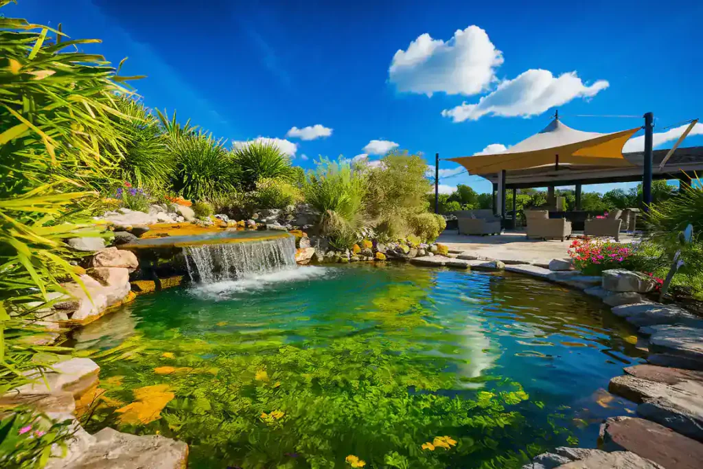 A backyard with a pond featuring a waterfall, lush greenery, and a pergola under a bright blue sky with scattered clouds can be an enticing feature when trying to sell an older home.