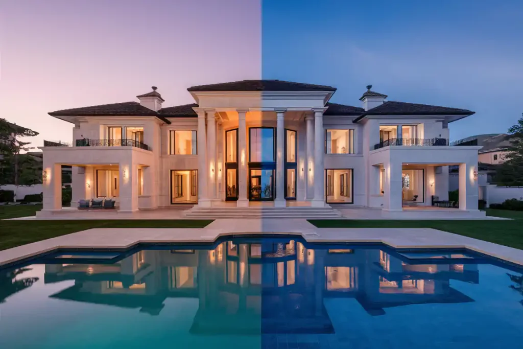 Luxurious mansion with columns and large windows, fronted by a pool. Half the image shows daylight; the other half, twilight—the perfect embodiment of meticulous Pre-Construction Planning.