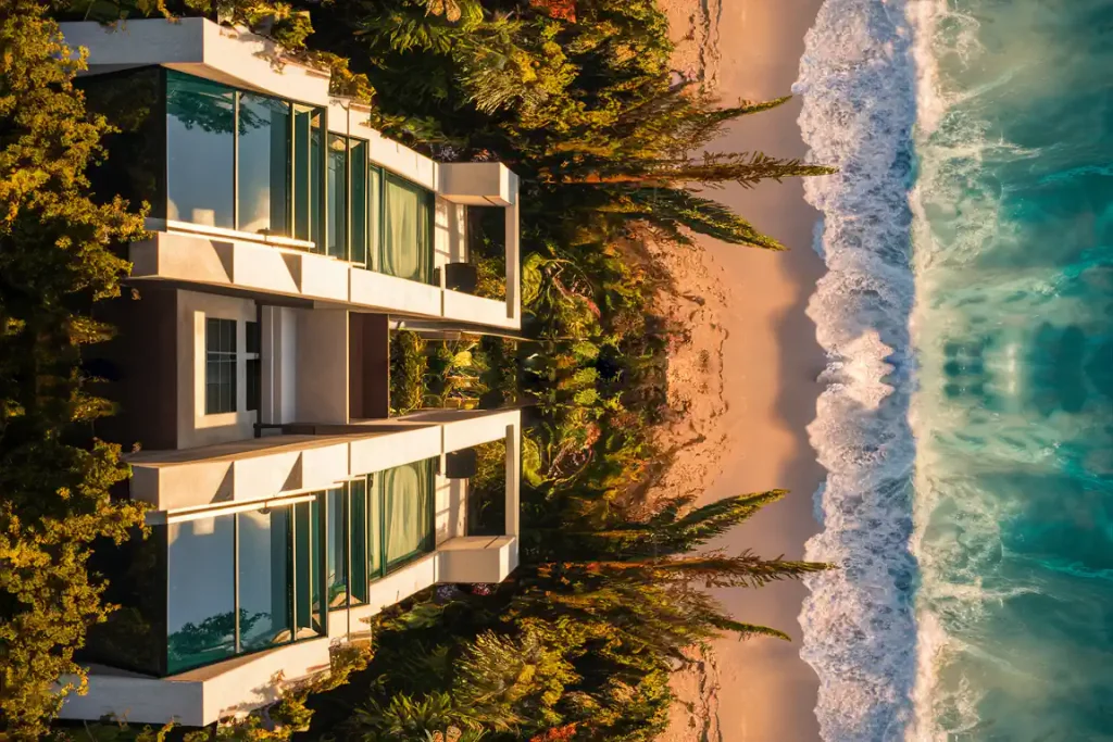Modern beachfront house with large windows, lush trees, and waves crashing onto a sandy beach.