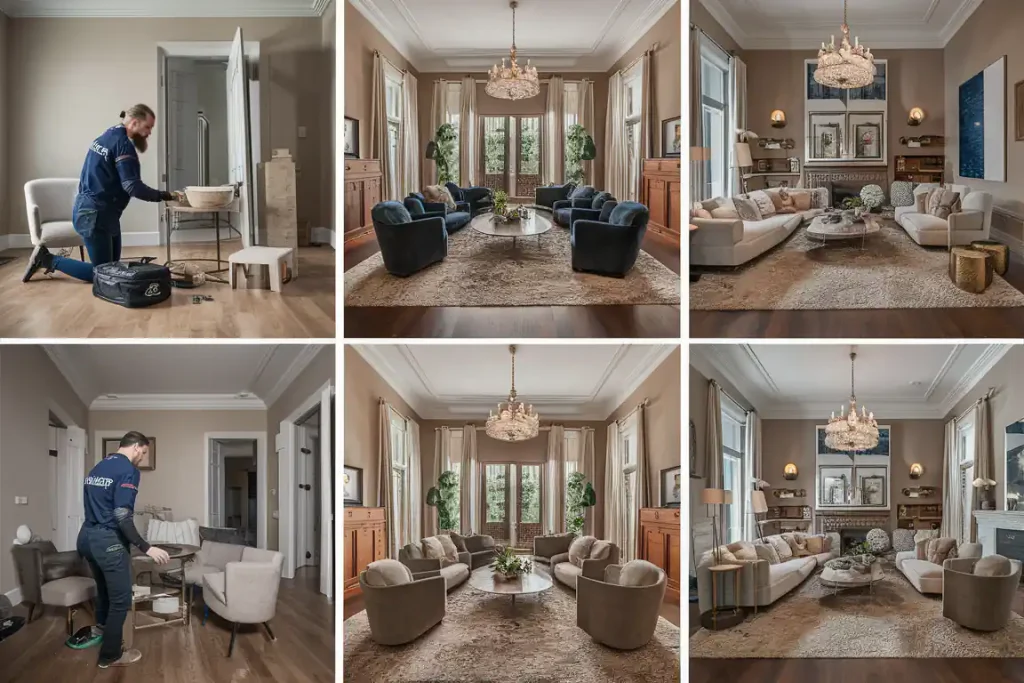 Collage: Two installers, following meticulous virtual staging set up a living room with a chandelier, multiple seating areas, mirrors, and paintings.