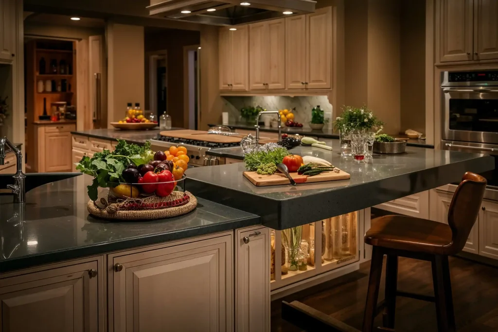 A modern kitchen with a central island, featuring fresh vegetables and fruit on the counter. Wooden cabinets, stainless steel appliances, and kitchenware are visible in the background.