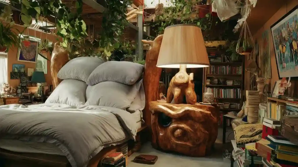Cozy bedroom design with a gray bed, wooden nightstand, lamp, books, and lush indoor plants hanging and surrounding the area.