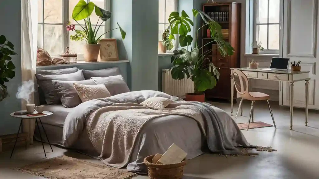 Cozy bedroom with lush plants, a plush bed with pillows and blankets, a desk with a chair, and a basket on the floor—perfect for inspiring new bedroom ideas.