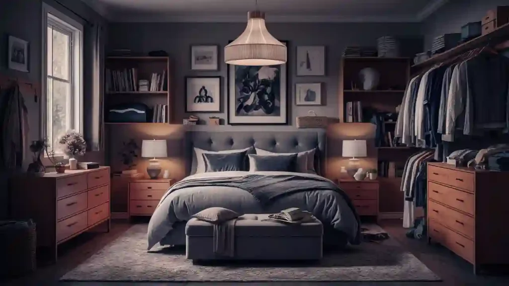 A cozy bedroom design with a large bed, a bench, and bookshelves on either side. Warm lighting creates a serene ambiance.
