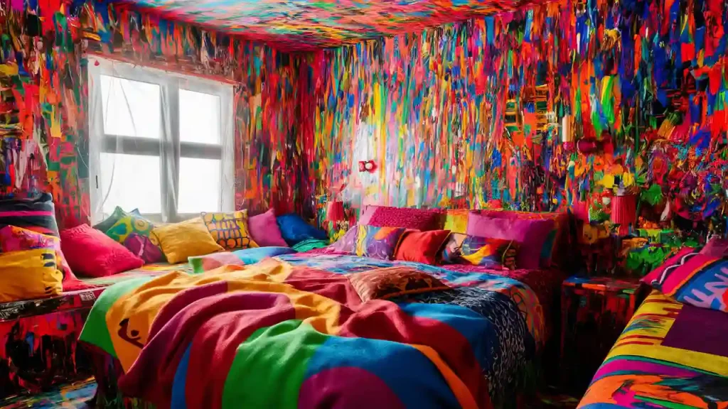 Vibrant, colorful bedroom design with a rainbow bedspread and walls covered in multicolored paint streaks and splashes.
