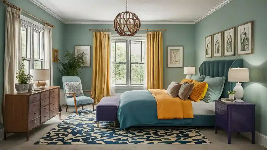 A cozy bedroom with teal walls, a bed adorned in teal and mustard bedding, and large windows framed by mustard curtains illustrates impeccable bedroom design.