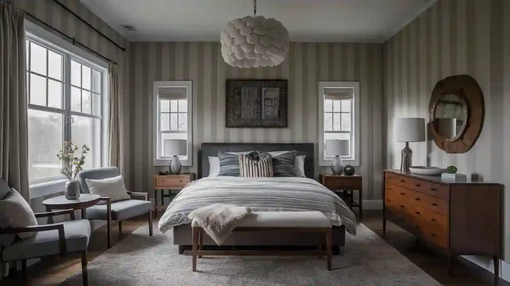 A cozy bedroom with striped wallpaper, gray bedding, two nightstands, a white chair, and a modern chandelier demonstrates thoughtful bedroom design without any common bedroom design mistakes.