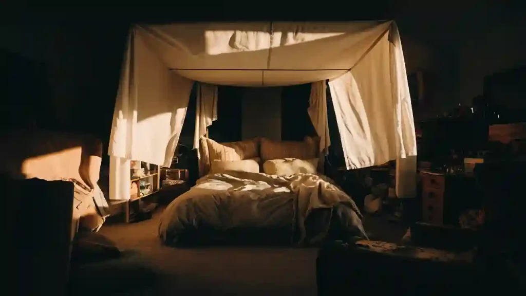 Cozy bedroom design featuring a canopy bed, warm sunlight streaming through, white sheets, and bookshelves on each side.