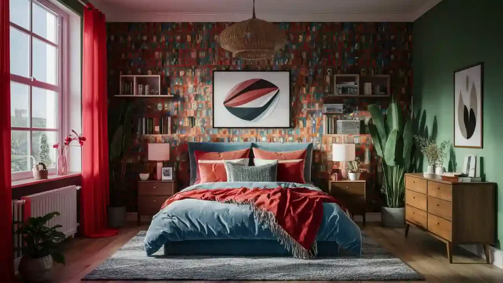 A cozy bedroom with a vibrant abstract painting above the bed, colorful decor, and a mix of red and blue bedding showcases impeccable bedroom design, steering clear of common design mistakes.
