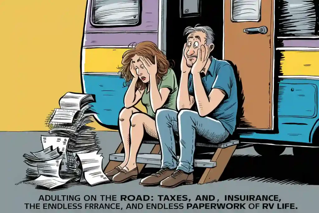 A man and woman sit on RV steps stressed, surrounded by a pile of paperwork.