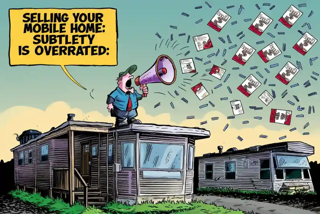 A man stands on a mobile home roof with a megaphone, flyers flying everywhere. Text: "Selling your mobile home quickly: subtlety is overrated.