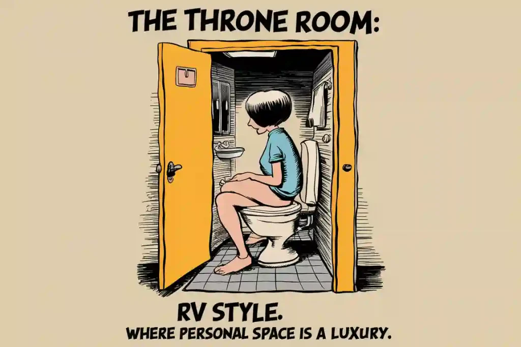 Cartoon of a person in a cramped RV bathroom, titled "The Throne Room: RV Style. Where personal space is as rare.