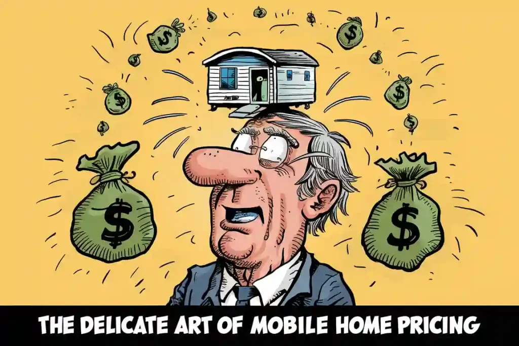 Cartoon of a man with a mobile home on his head, cash bags around. Text: "The delicate art of selling your mobile home quickly.