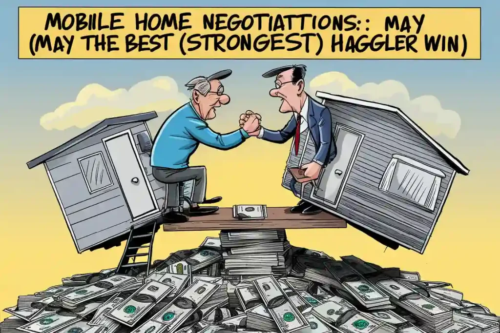 Two men shake hands on a seesaw of mobile homes balanced on cash piles, caption: "Mobile Home Negotiations: Tips for Selling Your Mobile Home Quickly.