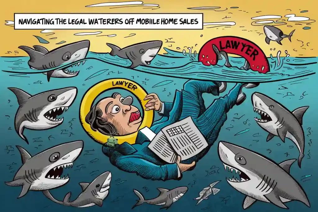 Cartoon of a lawyer in a shark-infested sea holding a document, representing the top legal challenges when selling your mobile home quickly.