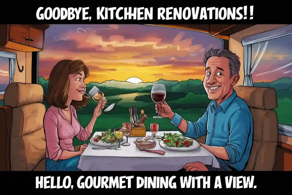 A couple toasting wine glasses over a meal in an RV with a scenic sunset view. Text: "Goodbye,kitchen renovations! Hello, gourmet dining with a view.