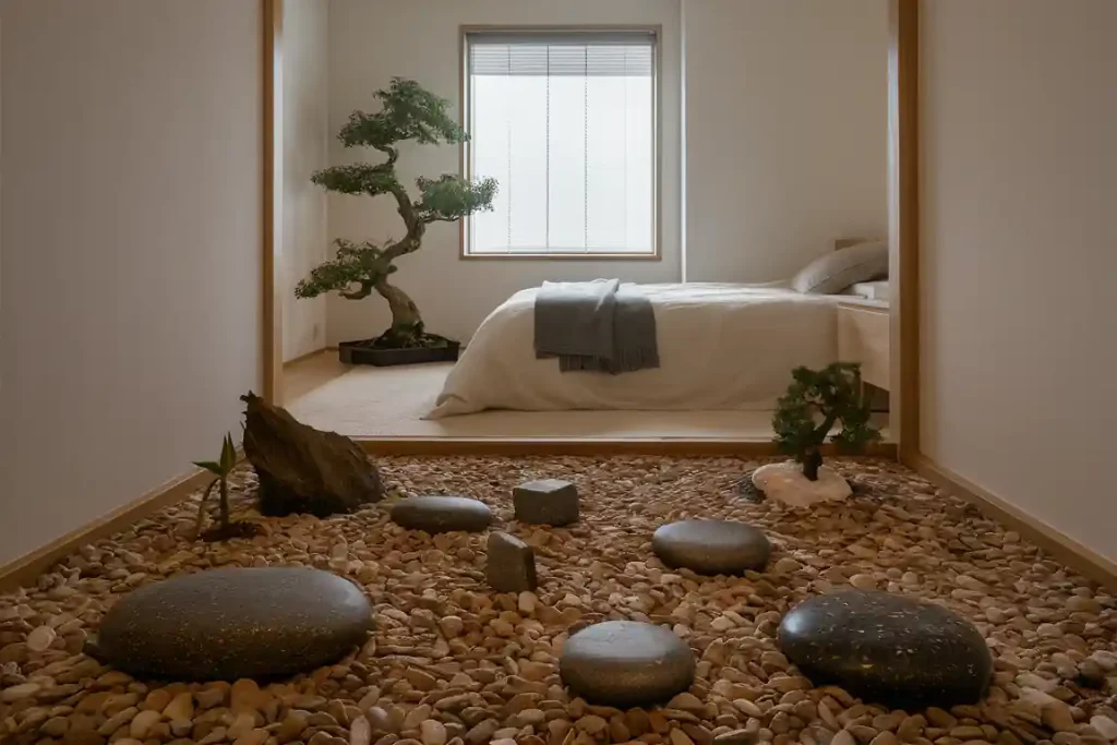 A minimalist bedaA minimalist bedroom with a rock garden in the foreground, featuring a bed, a bonsai tree, and a window with blinds.room with a rock garden in the foreground, featuring a bed, a bonsai tree, and a window with blinds showcases meticulous pre-construction planning.