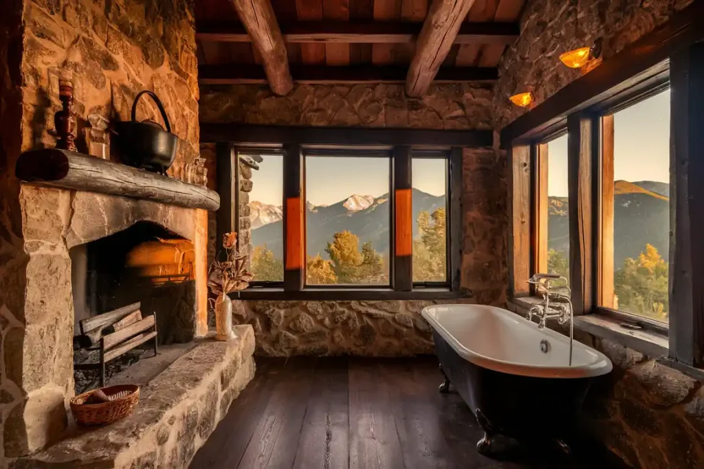 Cozy rustic bathroom with stone walls, a fireplace, and a clawfoot tub, all meticulously realized through pre-construction planning, featuring a stunning mountain view through large windows.