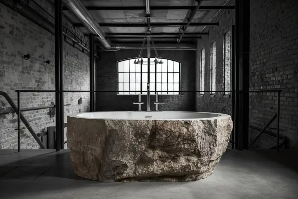 A modern industrial bathroom with a large stone bathtub centered under a chandelier, exposed brick walls, and large windows showcases meticulous pre-construction planning.
