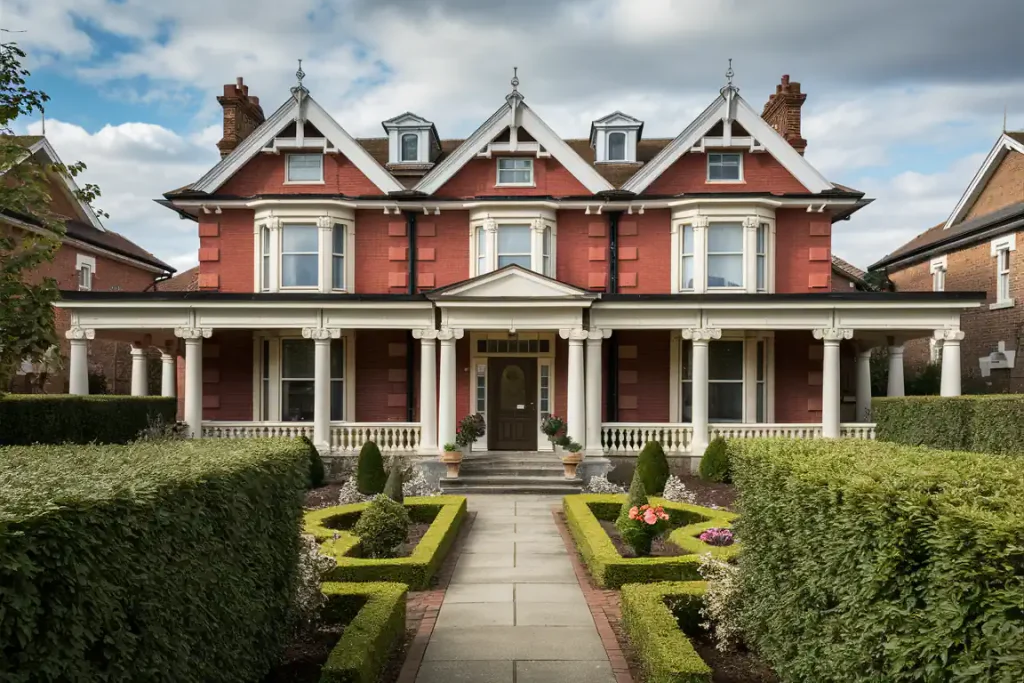 A large red-brick house with a well-manicured garden, featuring symmetrical hedges and a central paved walkway, is the result of meticulous pre-construction planning.
