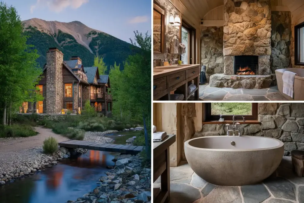 Rustic stone house near a creek, meticulously detailed in the pre-construction planning phase, featuring a cozy stone fireplace and a modern bathroom with a freestanding tub inside.