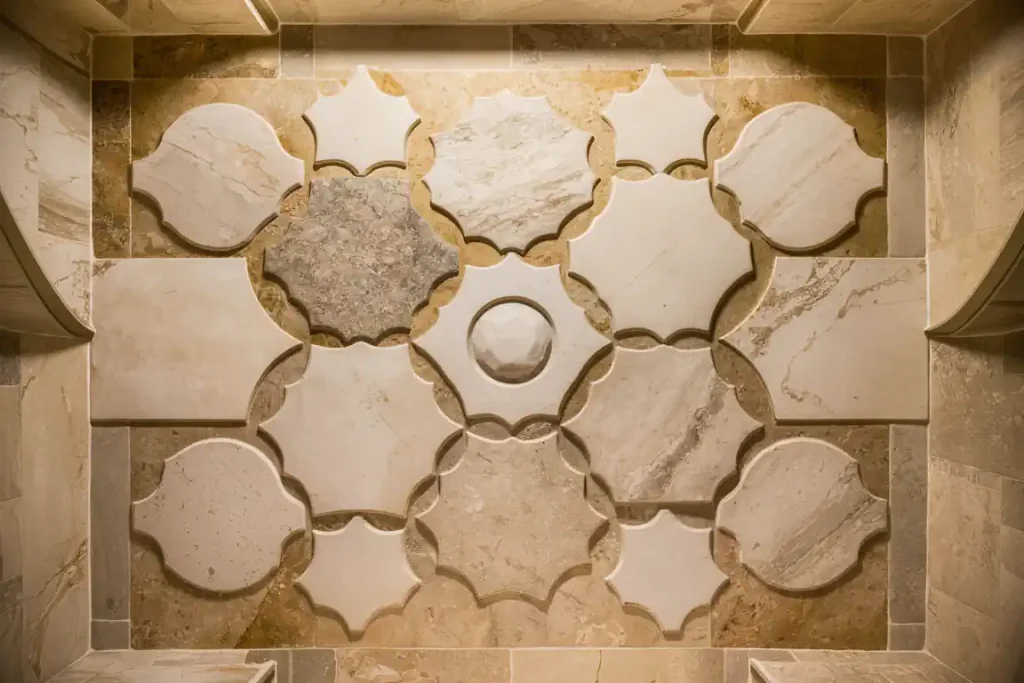Intricate wall tile pattern with various geometric and organic shapes in neutral tones and textures, meticulously designed during the pre-construction planning phase.