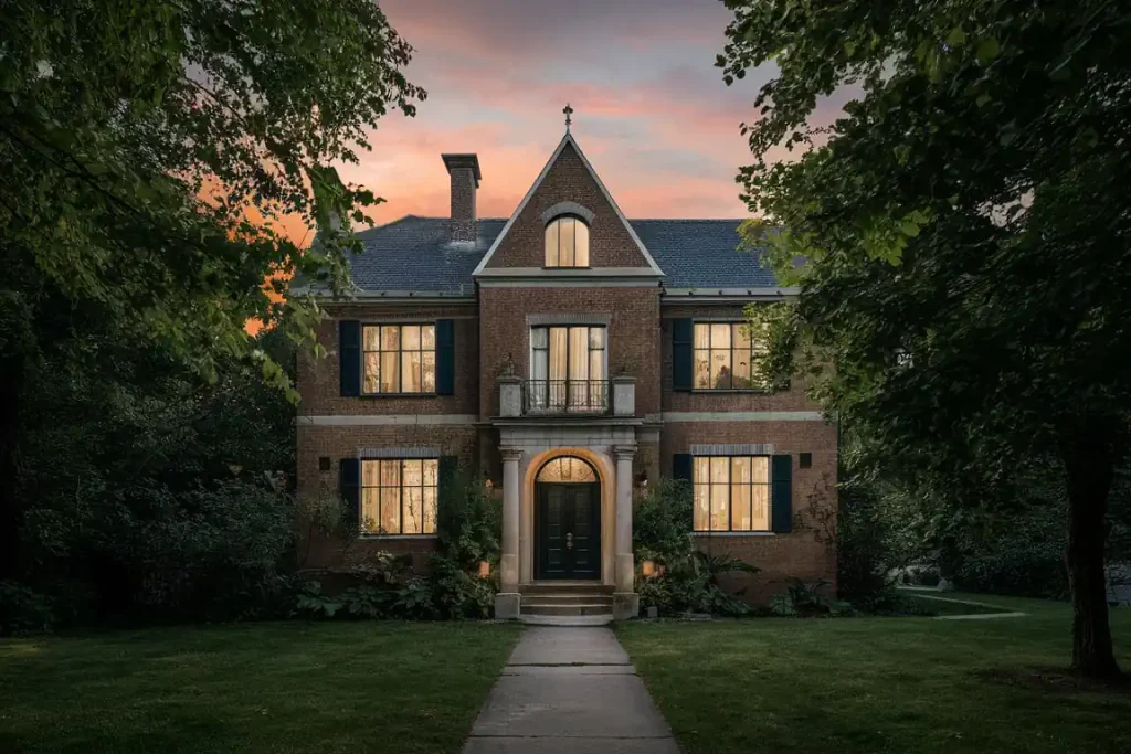 A two-story brick house with warm lights, surrounded by trees, under a sunset sky—a testament to meticulous pre-construction planning. A pathway leads to the front door.