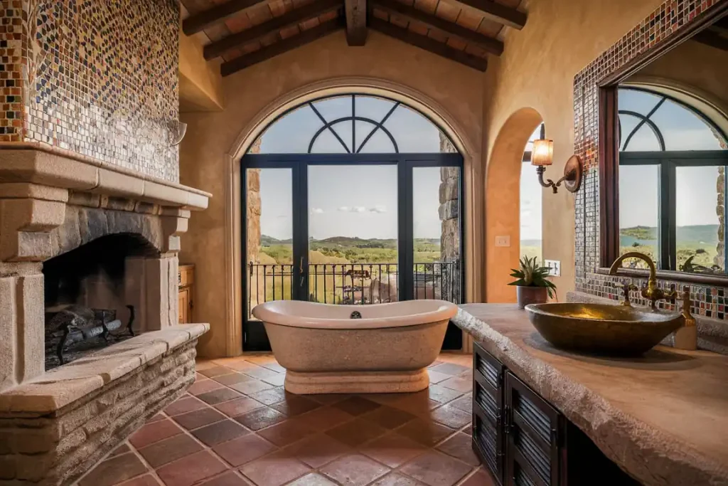 A rustic bathroom with a clawfoot tub, fireplace, arched window, and scenic countryside view evokes classic charm.