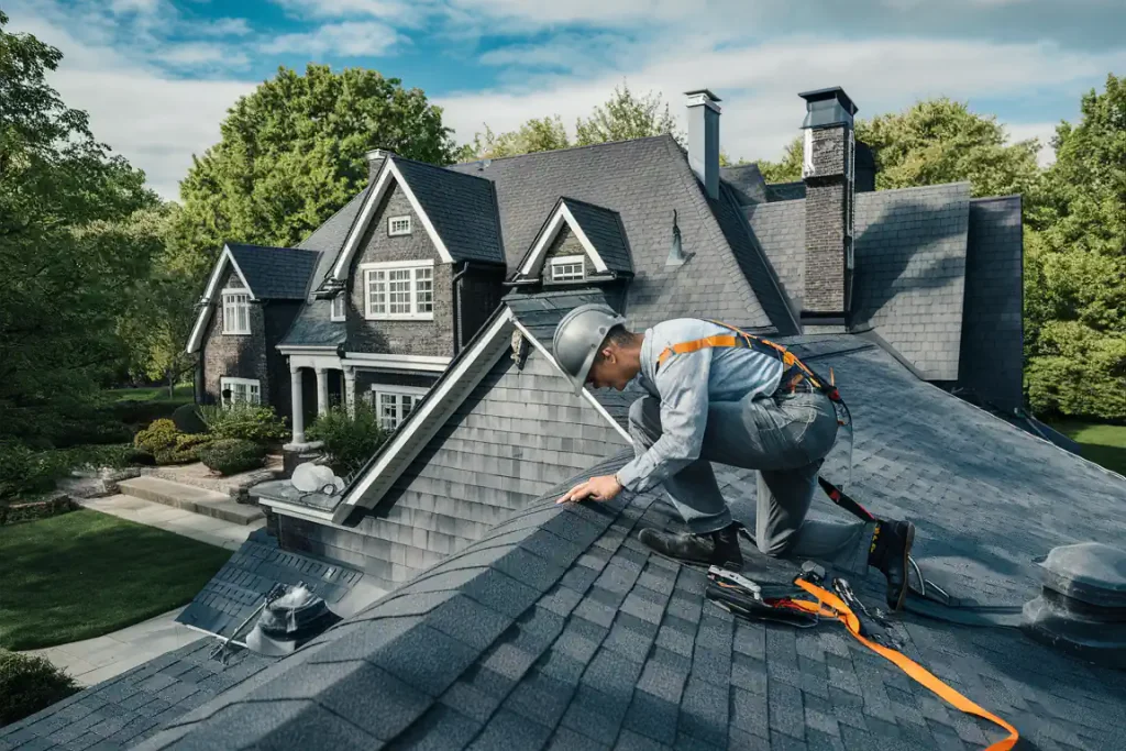 A worker in safety gear inspects shingles on a large, dark-colored roof with a multi-story house in the background.