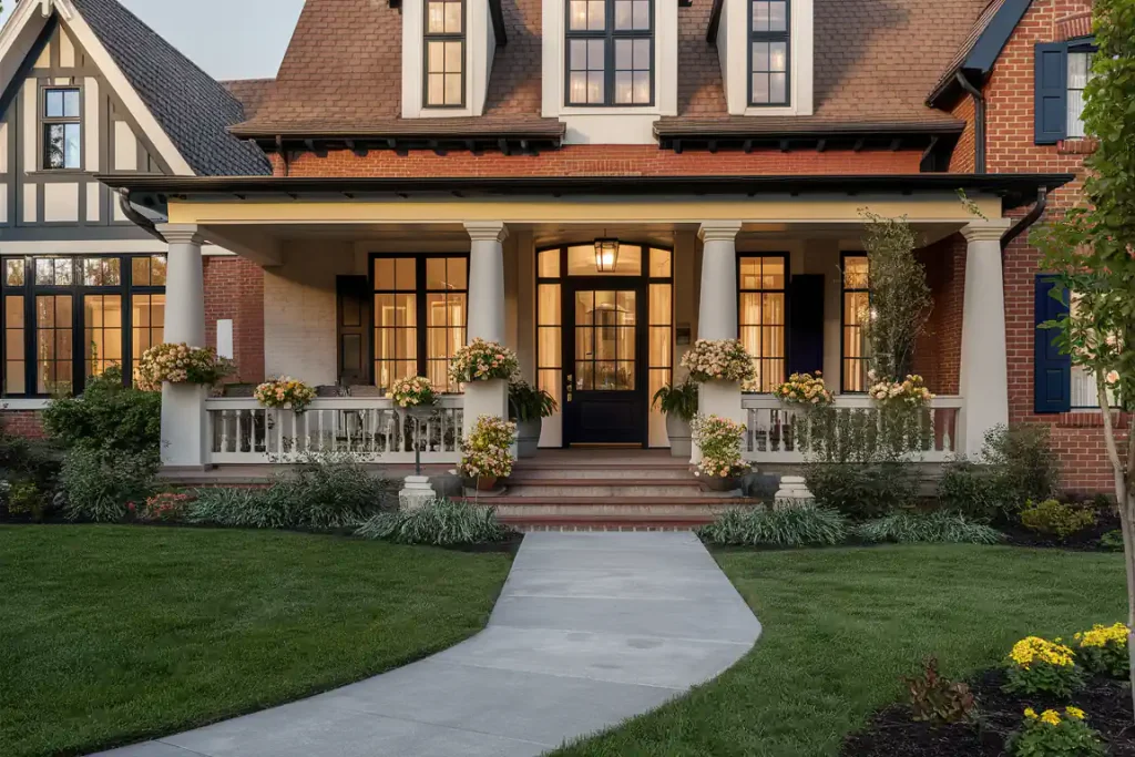 A charming house with a wide porch, flower arrangements, and a pathway leading to the front door showcases exceptional pre-construction planning.