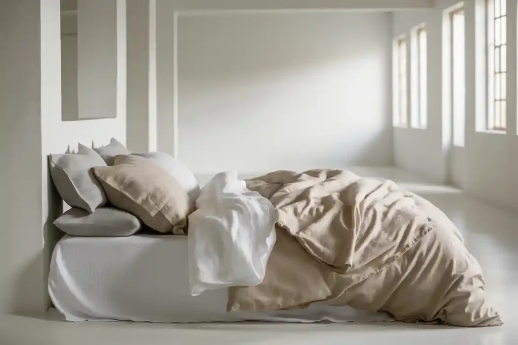 A neatly made bed with beige pillows and a crumpled beige duvet, in a bright, minimalist room with large windows—showcasing the careful pre-construction planning that optimizes natural light.