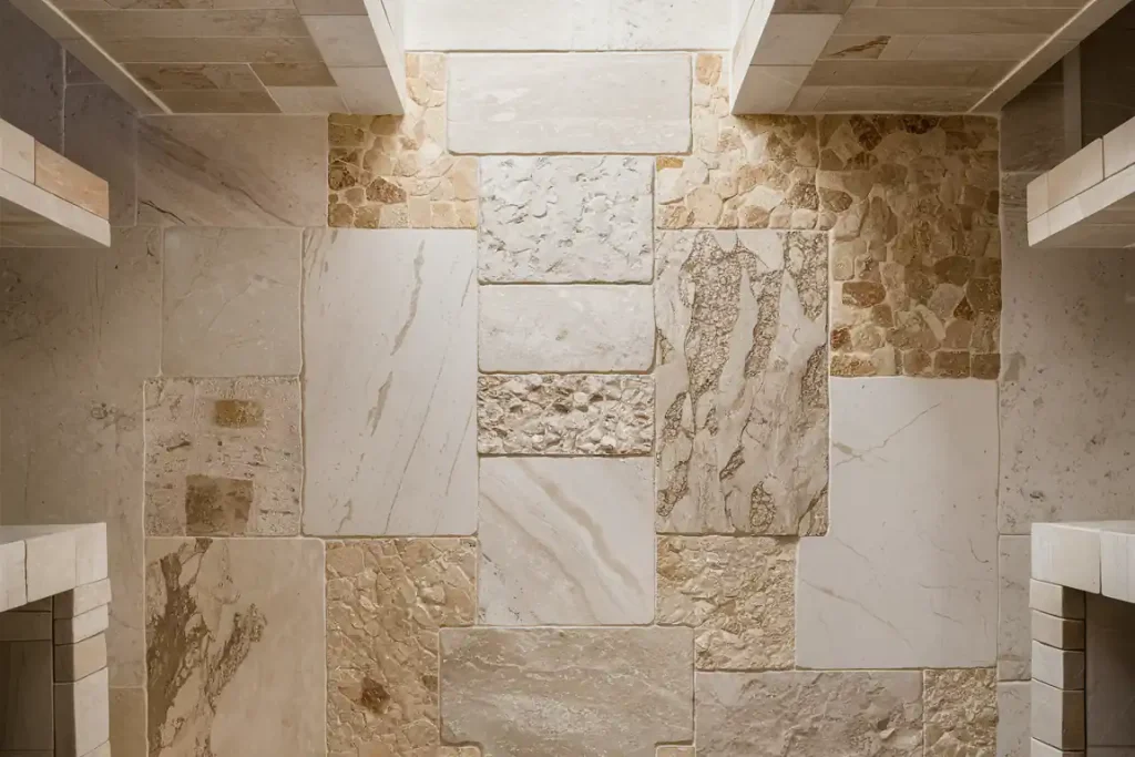 Close-up of a stone wall with various textured and colored tiles in a pattern, showcasing the artistry often envisioned during pre-construction planning.