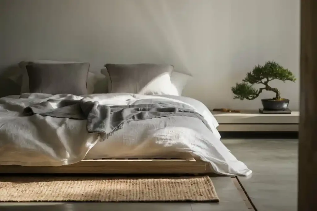 Minimalist bedroom with a low bed, white bedding, gray pillows, a gray blanket, a small bonsai tree, and a woven rug